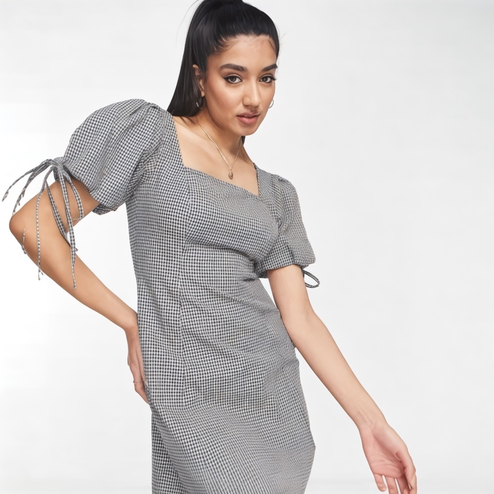 Influence Checkered Print Puff Sleeve Mini Dress with Lace Up Back Size US 6